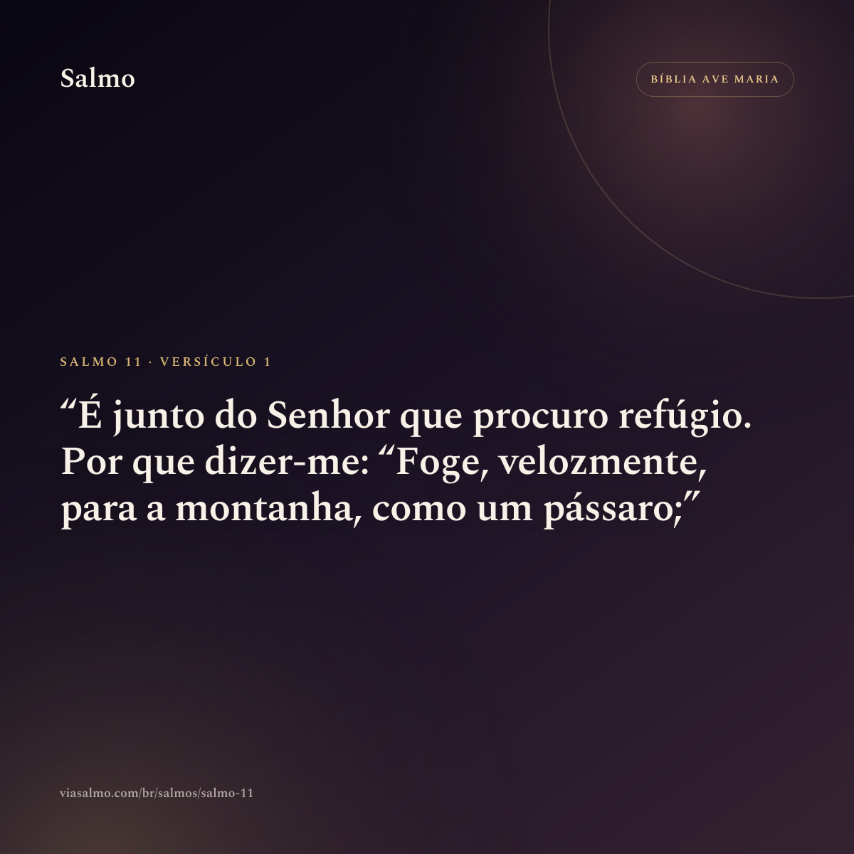 Salmo 11, versículo 1: É junto do Senhor que procuro refúgio. Por que dizer-me: “Foge, velozmente, para a montanha, como um pássaro;