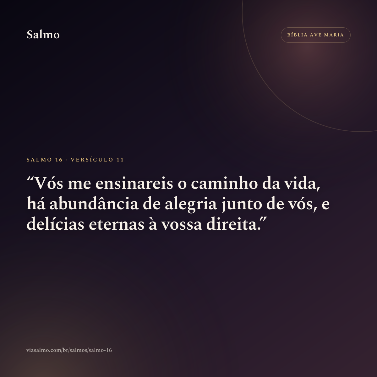 Salmo 16, versículo 11: Vós me ensinareis o caminho da vida, há abundância de alegria junto de vós, e delícias eternas à vossa direita.
