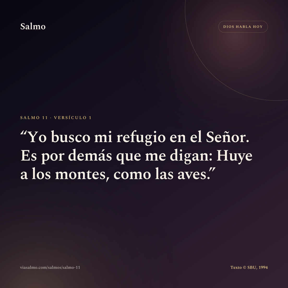 Salmo 11, versículo 1: Yo busco mi refugio en el Señor. Es por demás que me digan: Huye a los montes, como las aves.