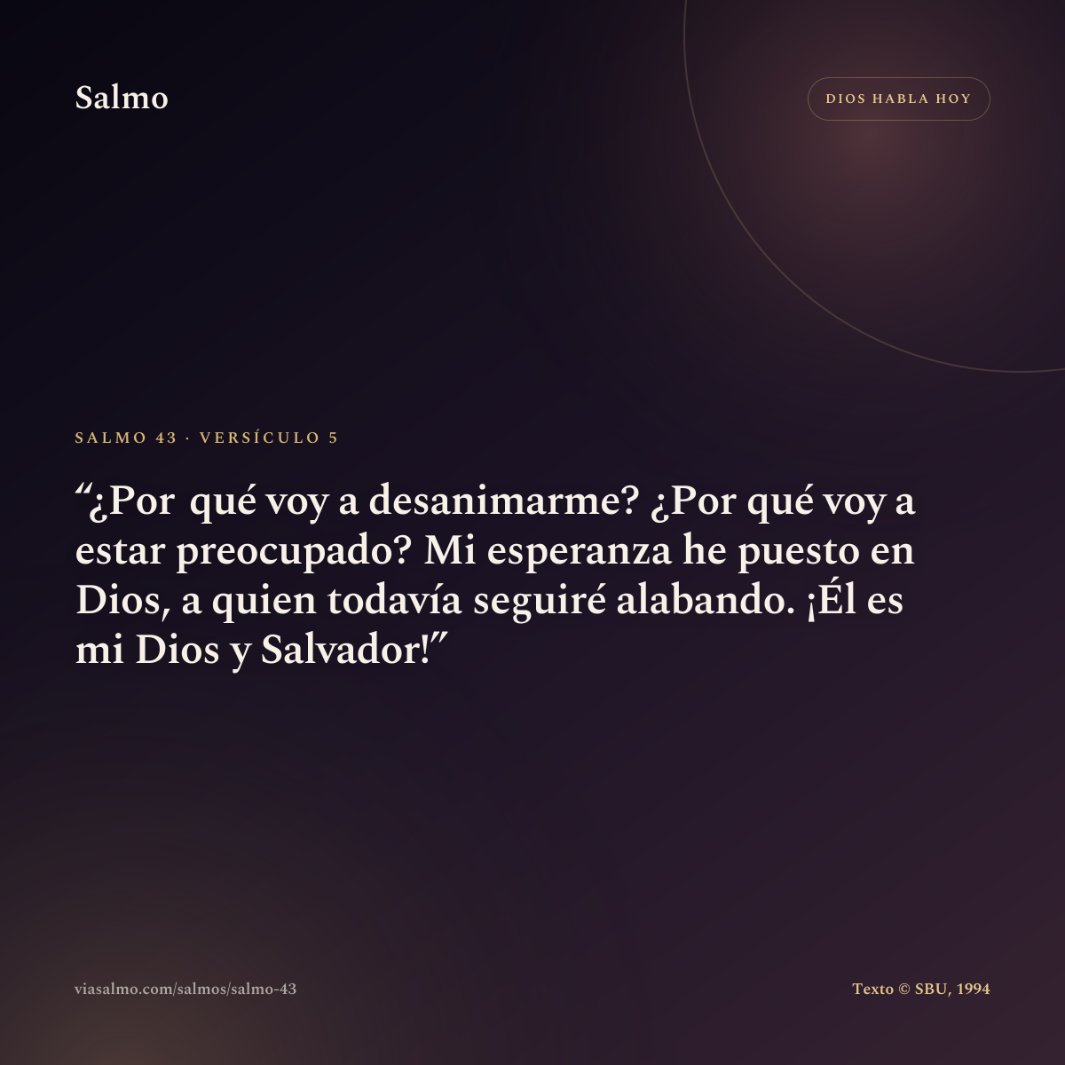 Salmo 43, versículo 5: ¿Por qué voy a desanimarme? ¿Por qué voy a estar preocupado? Mi esperanza he puesto en Dios, a quien todavía seguiré alabando. ¡Él es mi Dios y Salvador!